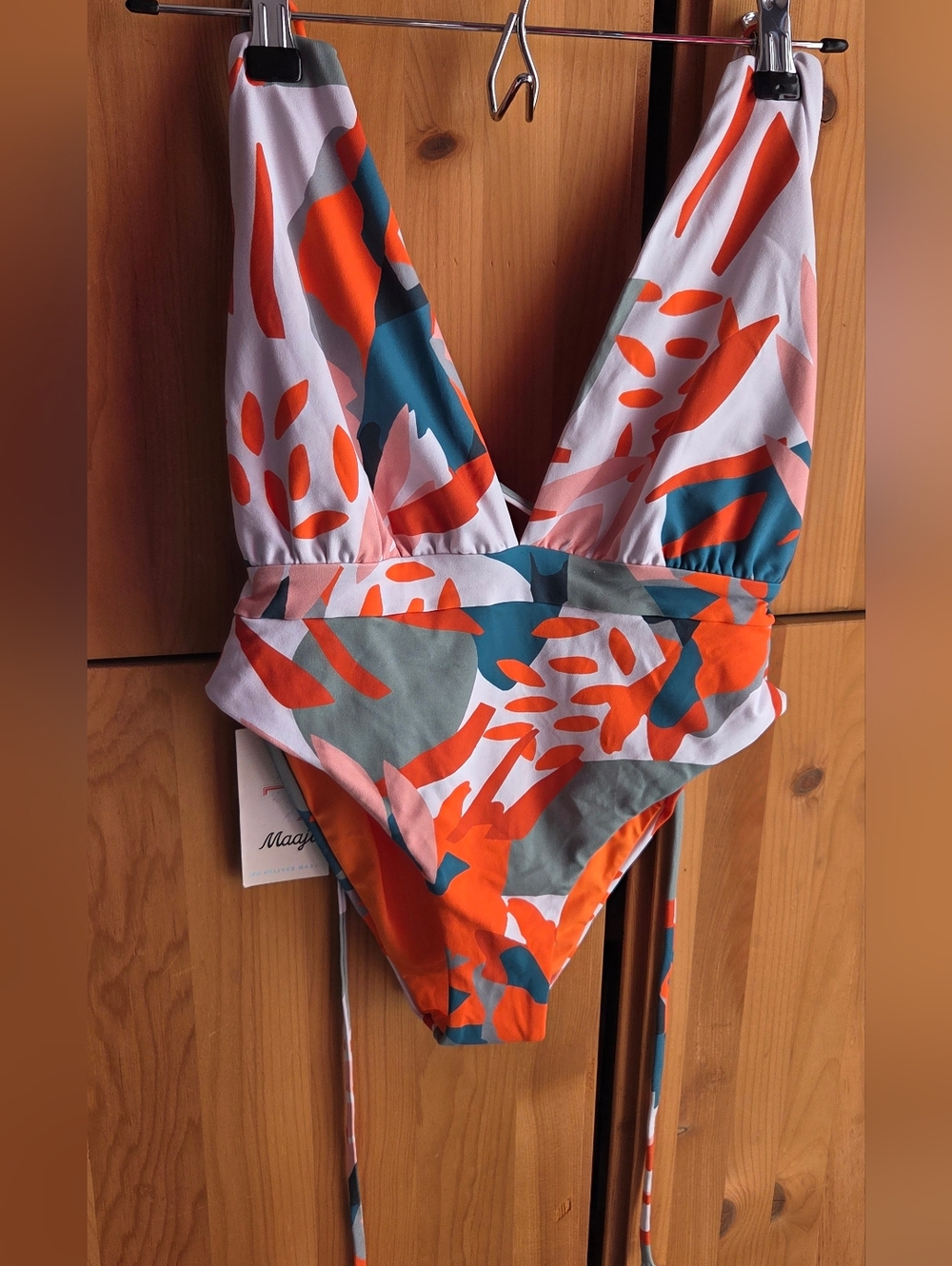 Maaji NWT Orange & White Vee Neck Reversible Strappy Swimsuit Size Medium
